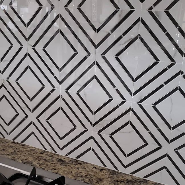 Closeup of a modified diamond pattern backsplash