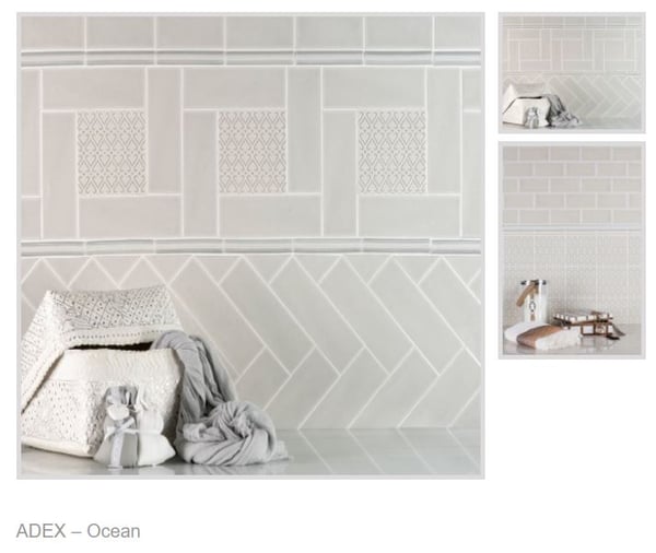 Tile of Spain highlights a subway tile called Ocean from Adex which combines patterns and shapes for a beautiful backsplash installation