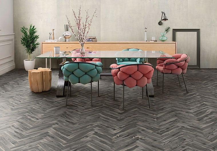 Do you prefer a dramatic highly variated herringbone installation for your dining room?