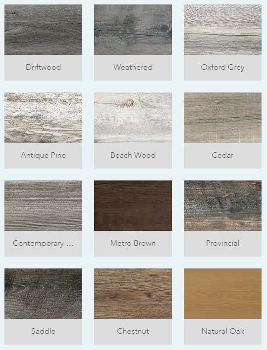 Aquatec style options range from traditional - natural oak, chestnut, metro brown - to rustic - driftwood, beach wood, weathered, oxford grey, antique pine - to contemporary - saddle, provincial, contemporary, cedar. 