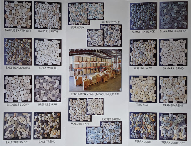 The Toemi Decorative Pebble Tile Collection includes pebbles from different islands