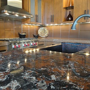 Quartz countertops consist of 93-95% ground quartz minerals, combined with resin binders and pigments for color under intense heat and pressure to form a solid slab.