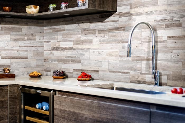 Driftwood in an all-over wall tile installation. 