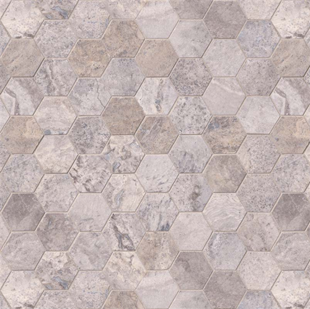 Silver Travertine hexagon tile from the Specialty Shapes Tile Collection by MSI captures some of those blue/red overtones while adding a touch of timeless beauty to your installation.