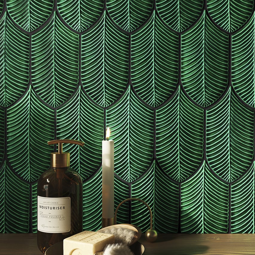 Palmetto_CeramicTile_VerdeInglese_Glossy_4x8_Leaf_WallDimensional_Bathroom_Default (1)