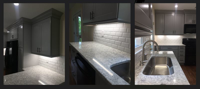 Grey cabinets and white subway tile backsplash capture the different tones of the Viatera Everest polished countertop pattern.